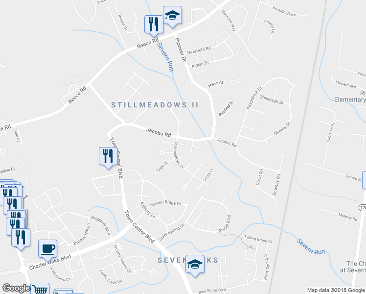 map of restaurants, bars, coffee shops, grocery stores, and more near 1803 Sparrow Court in Severn