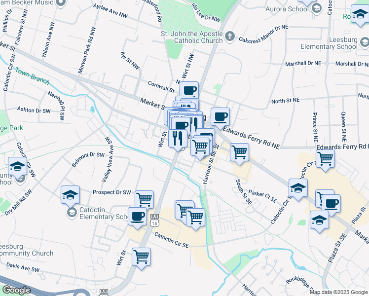 map of restaurants, bars, coffee shops, grocery stores, and more near 3 Royal Street Southeast in Leesburg