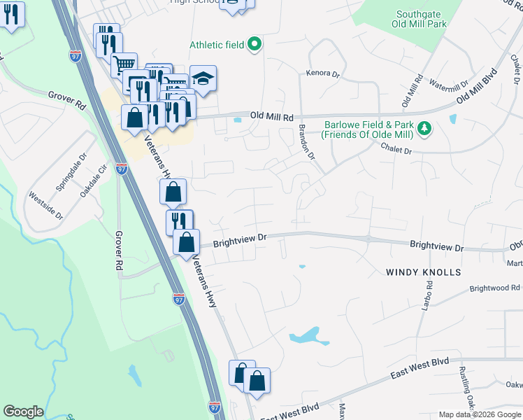 map of restaurants, bars, coffee shops, grocery stores, and more near 616 Stone Wheel Court East in Millersville