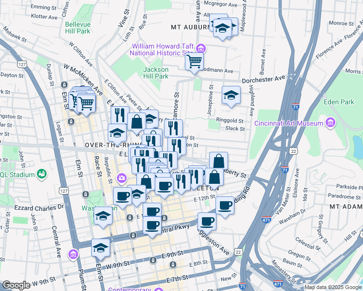 map of restaurants, bars, coffee shops, grocery stores, and more near 315 Milton Street in Cincinnati