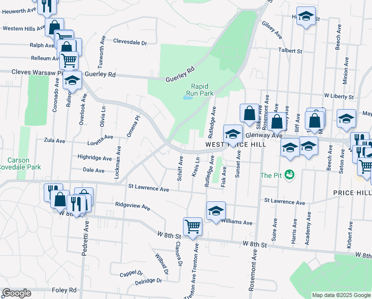 map of restaurants, bars, coffee shops, grocery stores, and more near 4520 Glenway Avenue in Cincinnati