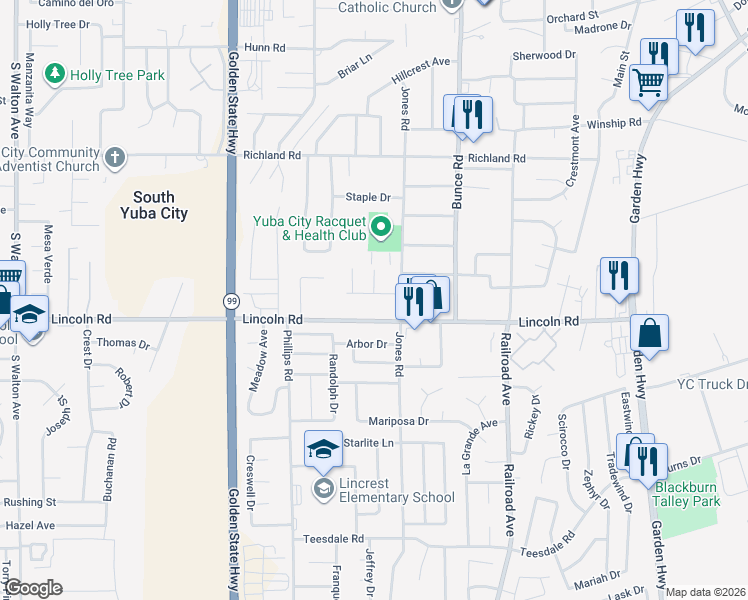 map of restaurants, bars, coffee shops, grocery stores, and more near 910 Dennis Way in Yuba City