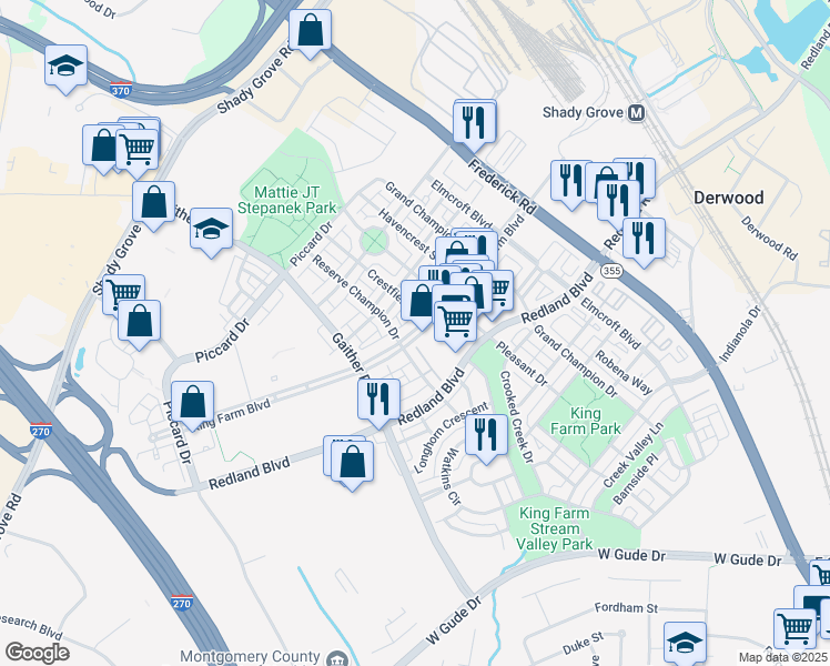 map of restaurants, bars, coffee shops, grocery stores, and more near 219 King Farm Boulevard in Rockville