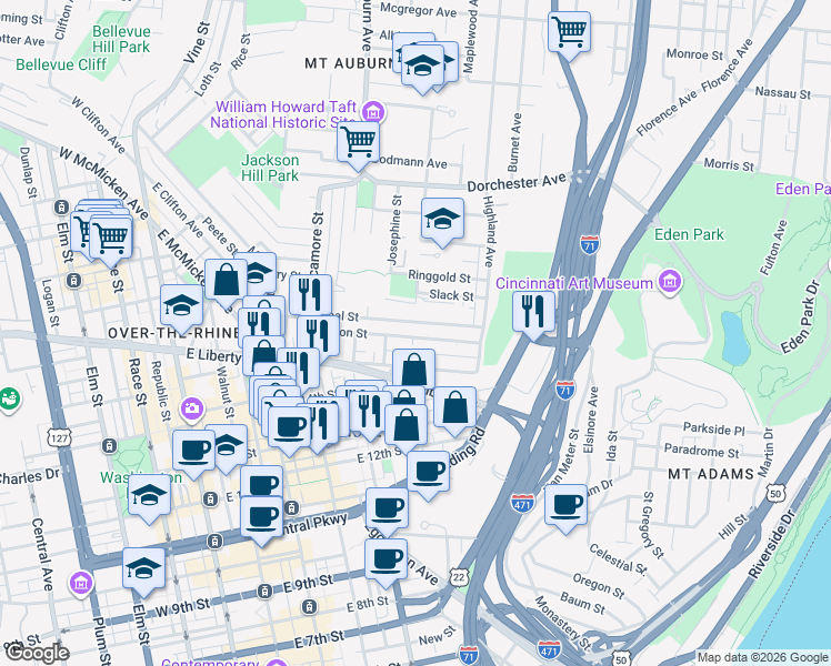 map of restaurants, bars, coffee shops, grocery stores, and more near 500 Milton Street in Cincinnati