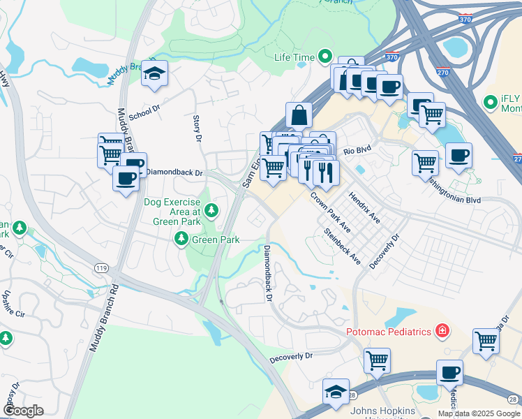 map of restaurants, bars, coffee shops, grocery stores, and more near 605 Diamondback Drive in Gaithersburg