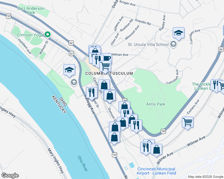 map of restaurants, bars, coffee shops, grocery stores, and more near 338 Tusculum Avenue in Cincinnati