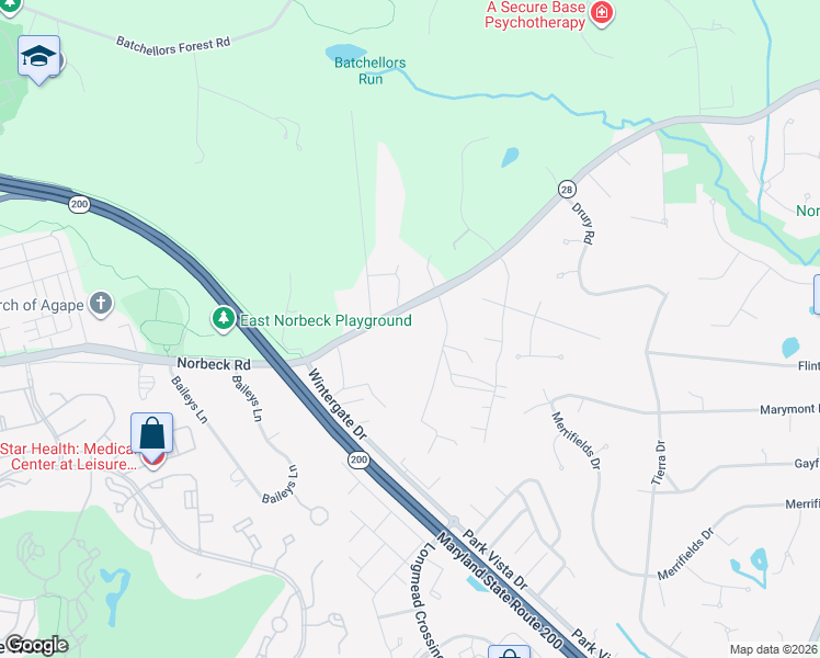 map of restaurants, bars, coffee shops, grocery stores, and more near 2648 Norbeck Road in Silver Spring