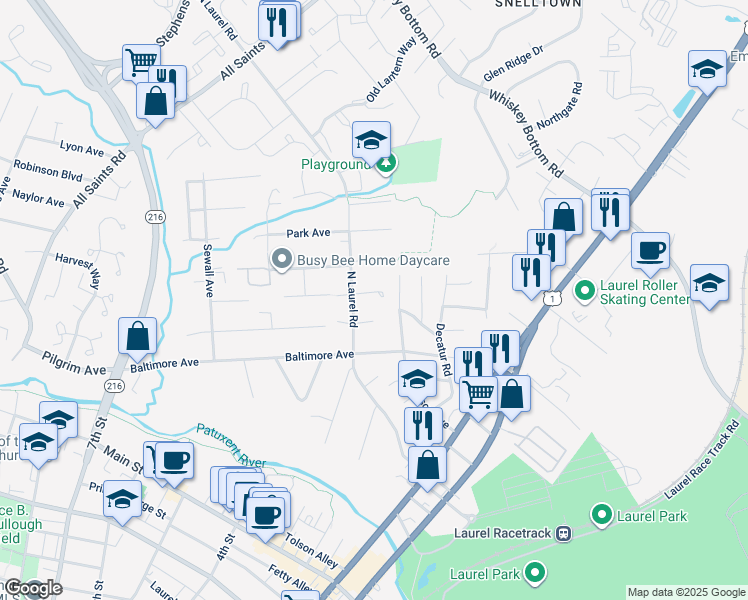 map of restaurants, bars, coffee shops, grocery stores, and more near 9521 Maryland Avenue in Laurel