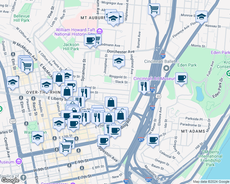 map of restaurants, bars, coffee shops, grocery stores, and more near 1718 Young Street in Cincinnati