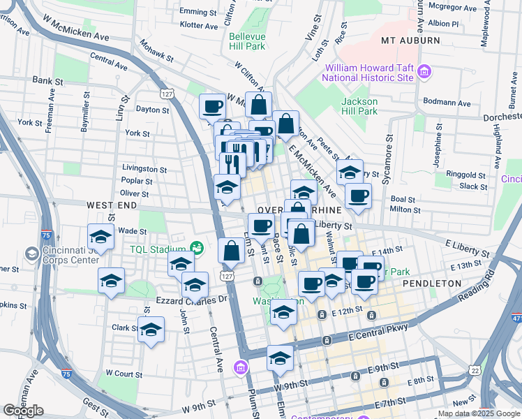 map of restaurants, bars, coffee shops, grocery stores, and more near 121 Green in Cincinnati