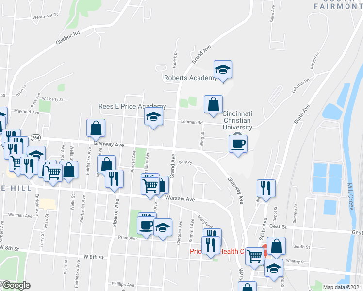map of restaurants, bars, coffee shops, grocery stores, and more near 1116 Grand Avenue in Cincinnati