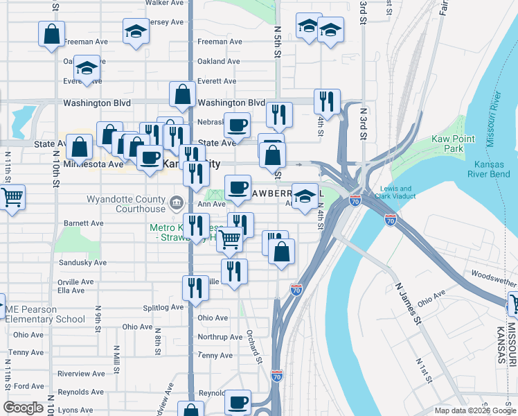 map of restaurants, bars, coffee shops, grocery stores, and more near 530 Ann Avenue in Kansas City