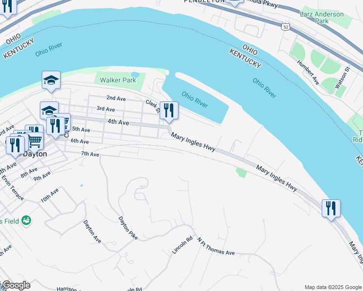 map of restaurants, bars, coffee shops, grocery stores, and more near 5 Mary Ingles Highway in Dayton