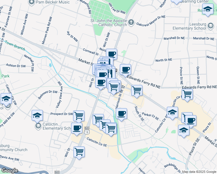 map of restaurants, bars, coffee shops, grocery stores, and more near 14 Royal Street Southeast in Leesburg