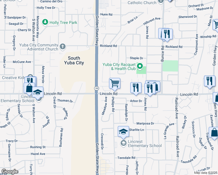 map of restaurants, bars, coffee shops, grocery stores, and more near 1255 Lincoln Road in Yuba City