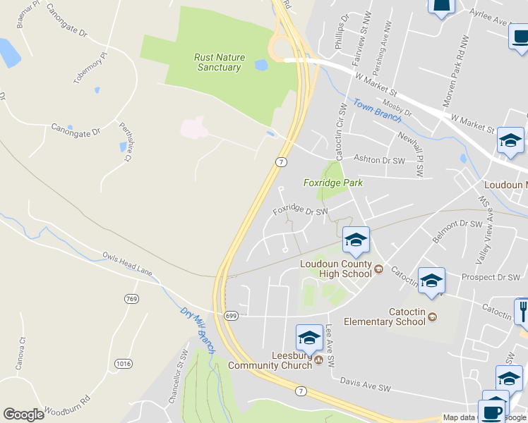 map of restaurants, bars, coffee shops, grocery stores, and more near 485 Fox Ridge Drive Southwest in Leesburg