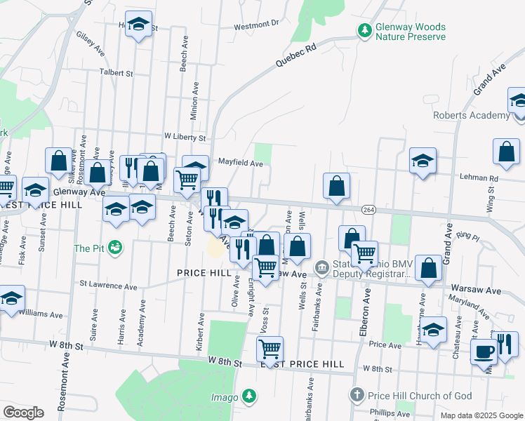 map of restaurants, bars, coffee shops, grocery stores, and more near 3628 Glenway Avenue in Cincinnati