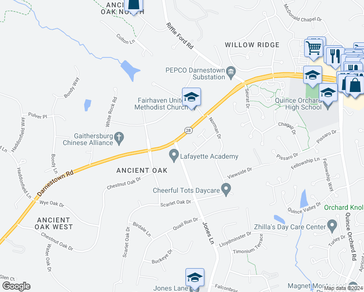 map of restaurants, bars, coffee shops, grocery stores, and more near 15713 Jones Lane in Gaithersburg