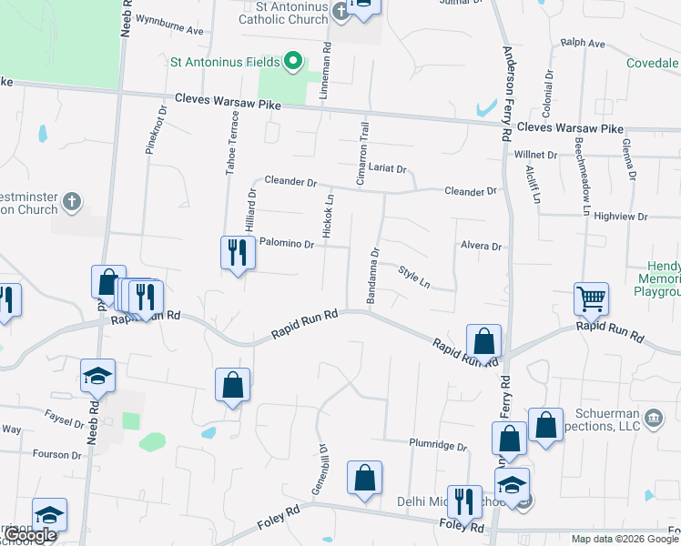 map of restaurants, bars, coffee shops, grocery stores, and more near 1042 Wilderness Trail in Cincinnati
