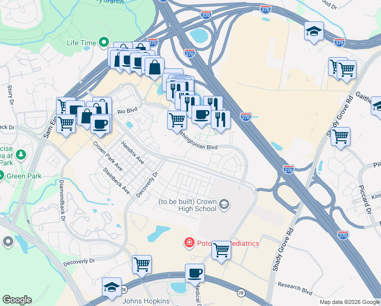 map of restaurants, bars, coffee shops, grocery stores, and more near 15717 Winners Drive in Gaithersburg