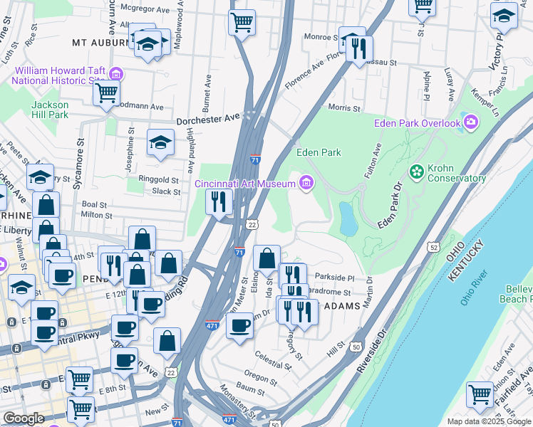 map of restaurants, bars, coffee shops, grocery stores, and more near 1720 Gilbert Avenue in Cincinnati