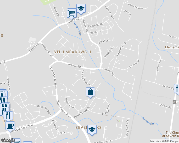 map of restaurants, bars, coffee shops, grocery stores, and more near 1710 Jennifer Meadows Court in Severn
