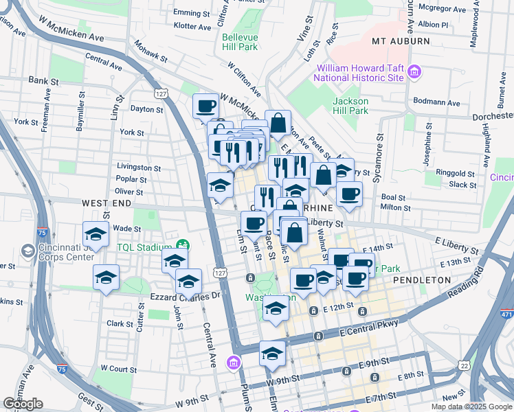 map of restaurants, bars, coffee shops, grocery stores, and more near 1613 Race Street in Cincinnati