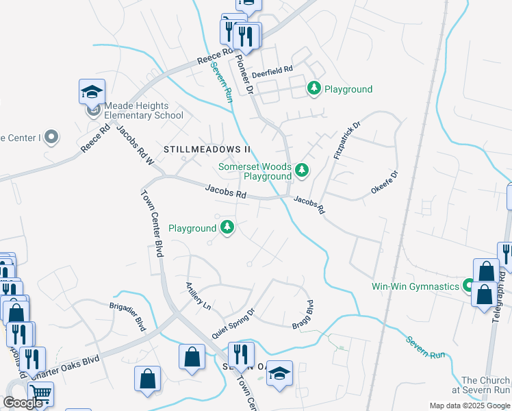 map of restaurants, bars, coffee shops, grocery stores, and more near 1710 Jennifer Meadows Court in Severn