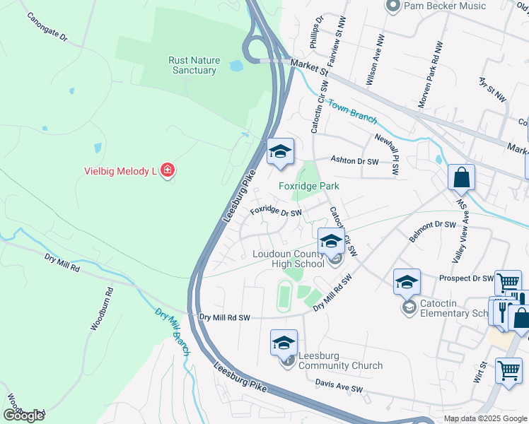 map of restaurants, bars, coffee shops, grocery stores, and more near 428 Foxridge Drive Southwest in Leesburg