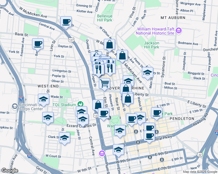 map of restaurants, bars, coffee shops, grocery stores, and more near 121 Green in Cincinnati
