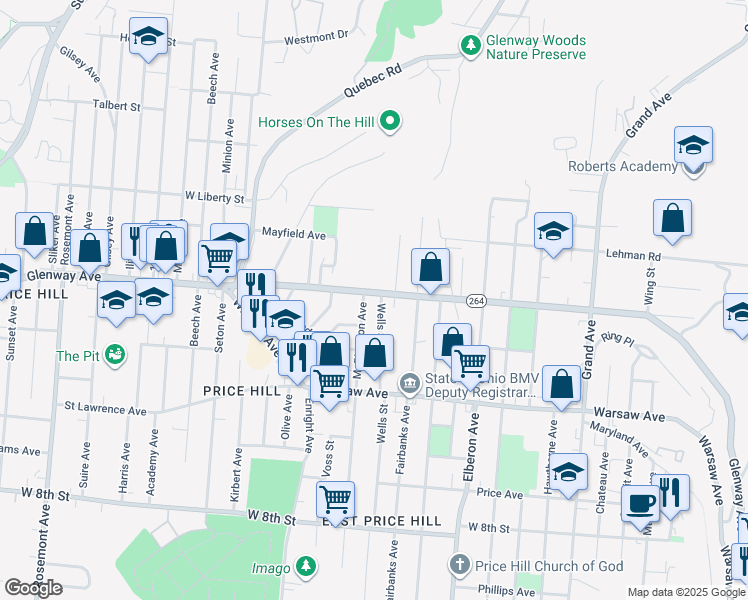 map of restaurants, bars, coffee shops, grocery stores, and more near 3550 Glenway Avenue in Cincinnati