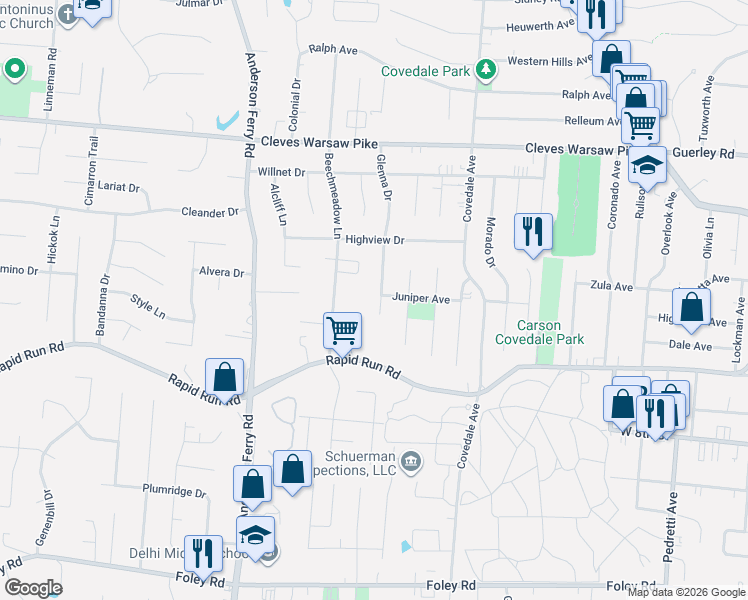 map of restaurants, bars, coffee shops, grocery stores, and more near 1080 Beechmeadow Lane in Cincinnati