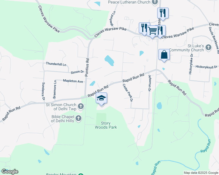 map of restaurants, bars, coffee shops, grocery stores, and more near 6286 Rapid Run Road in Cincinnati