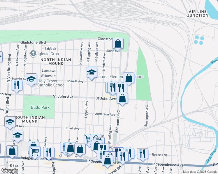 map of restaurants, bars, coffee shops, grocery stores, and more near 225 North Wheeling Avenue in Kansas City