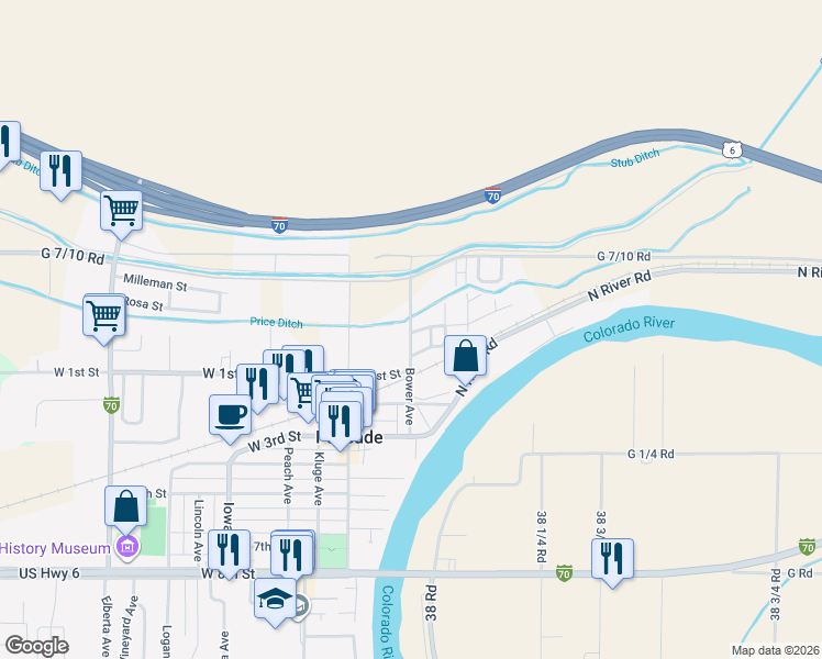 map of restaurants, bars, coffee shops, grocery stores, and more near 204 South Bower Avenue in Palisade