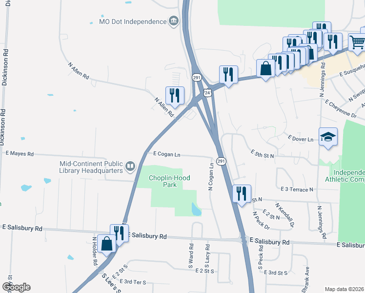 map of restaurants, bars, coffee shops, grocery stores, and more near 16008 East Cogan Lane in Independence