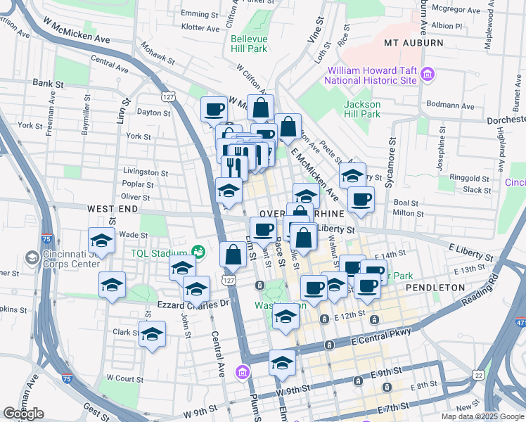 map of restaurants, bars, coffee shops, grocery stores, and more near 1617 Race Street in Cincinnati