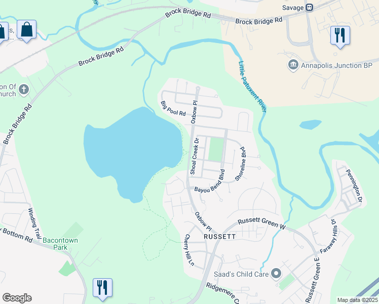map of restaurants, bars, coffee shops, grocery stores, and more near Oxbow Lake Trail in Russett