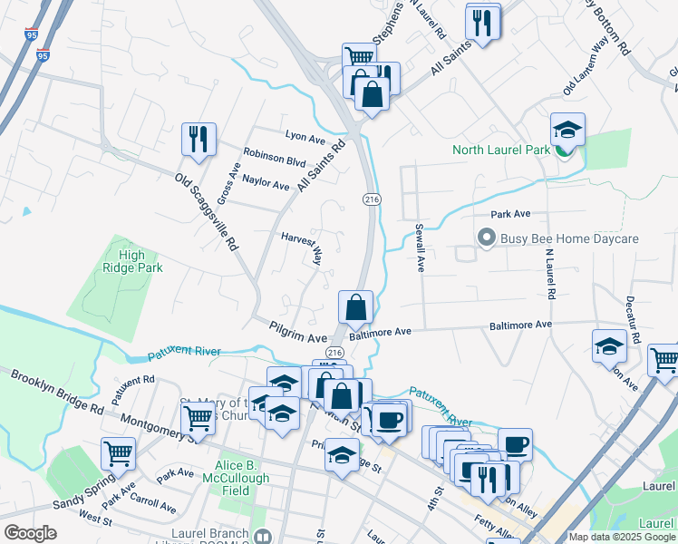 map of restaurants, bars, coffee shops, grocery stores, and more near 9323 Cabot Court in Laurel