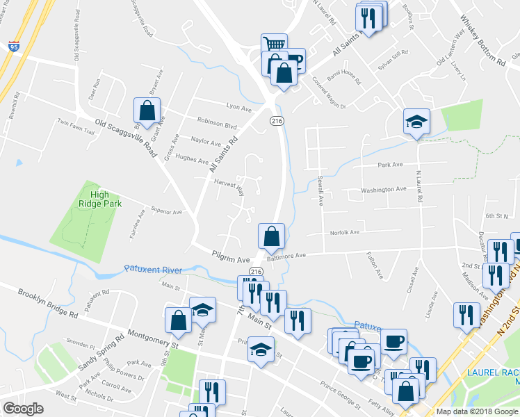 map of restaurants, bars, coffee shops, grocery stores, and more near 9323 Cabot Court in Laurel