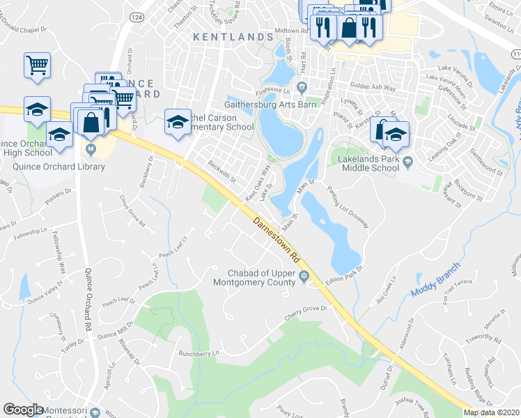 map of restaurants, bars, coffee shops, grocery stores, and more near 138 Lake Street in Gaithersburg