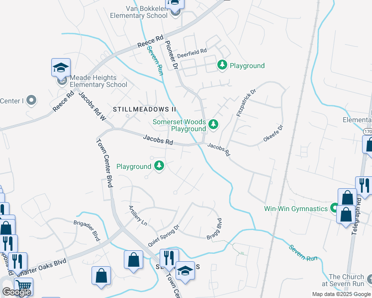 map of restaurants, bars, coffee shops, grocery stores, and more near 8306 Jennel Court in Severn
