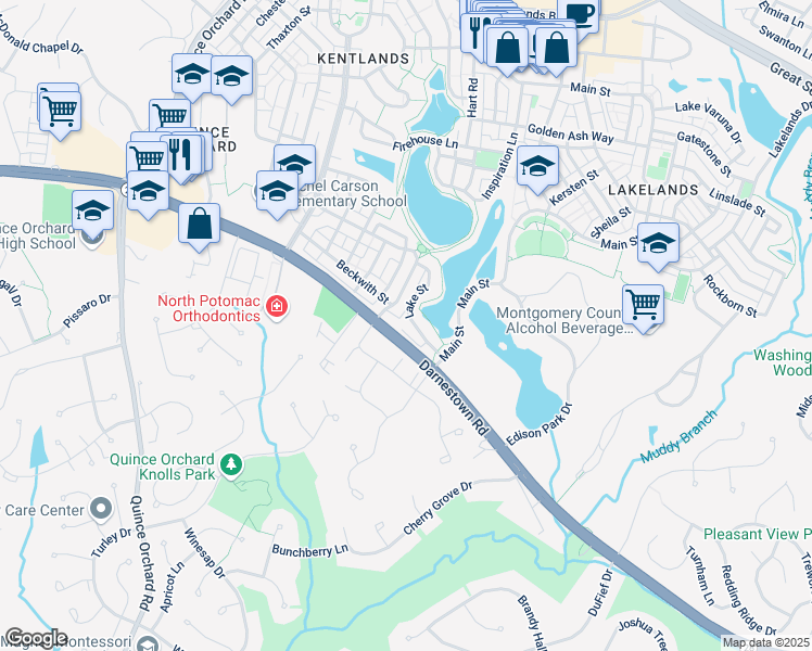 map of restaurants, bars, coffee shops, grocery stores, and more near 138 Lake Street in Gaithersburg