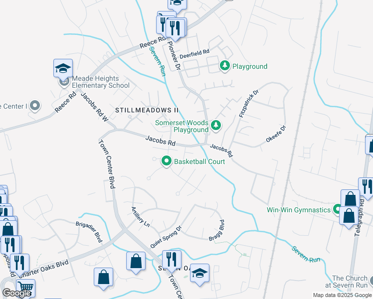 map of restaurants, bars, coffee shops, grocery stores, and more near 8302 Jennel Court in Severn