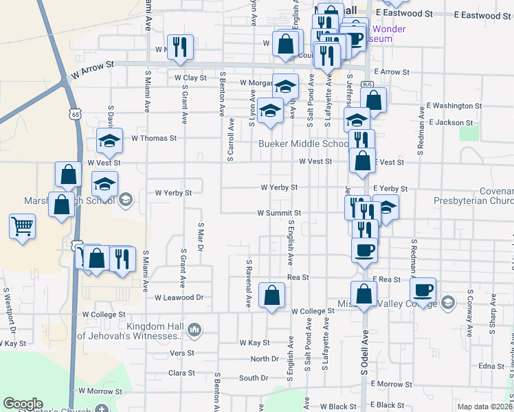 map of restaurants, bars, coffee shops, grocery stores, and more near 470 West Yerby Street in Marshall