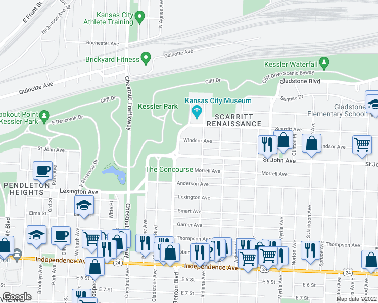 map of restaurants, bars, coffee shops, grocery stores, and more near 3214 Saint John Avenue in Kansas City