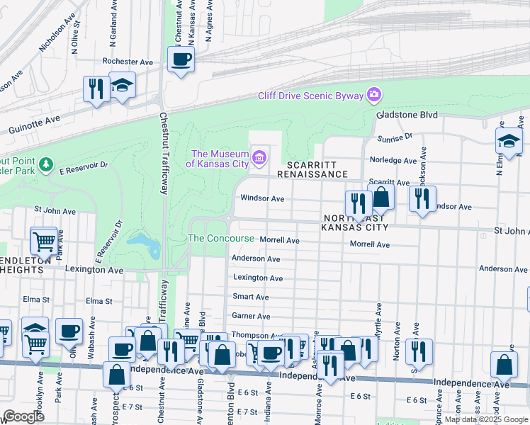 map of restaurants, bars, coffee shops, grocery stores, and more near 106 North Indiana Avenue in Kansas City