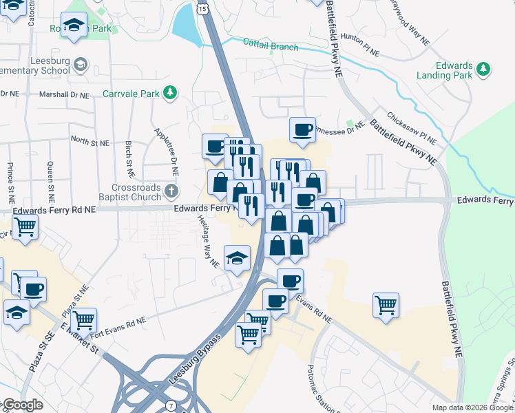 map of restaurants, bars, coffee shops, grocery stores, and more near  in Leesburg