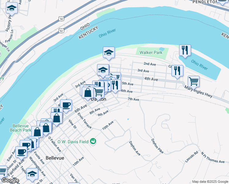 map of restaurants, bars, coffee shops, grocery stores, and more near 709 6th Avenue in Dayton