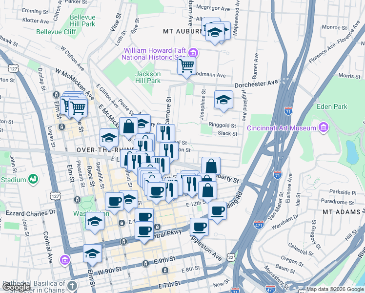 map of restaurants, bars, coffee shops, grocery stores, and more near 406 Boal Street in Cincinnati